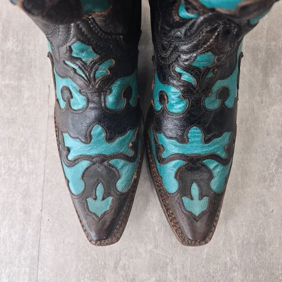 Corral Vintage Western Boots Sz 8 Knee high Brown Aqua Pointed Toe Boho Cowgirl - Picture 9 of 13